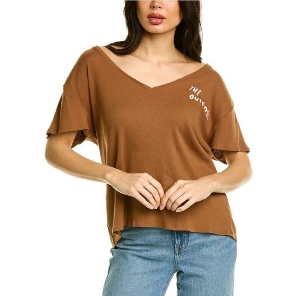 NEW Free People x Sandrine Rose Tee Shirt M Brown Vneck Short Sleeve Embroidered